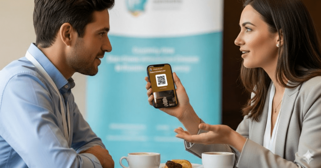 man-woman-conference-cardora-phone-large-cardora Maria arata pe telefonul ei cardul de fidelitate la libraria preferata, folosind Cardora